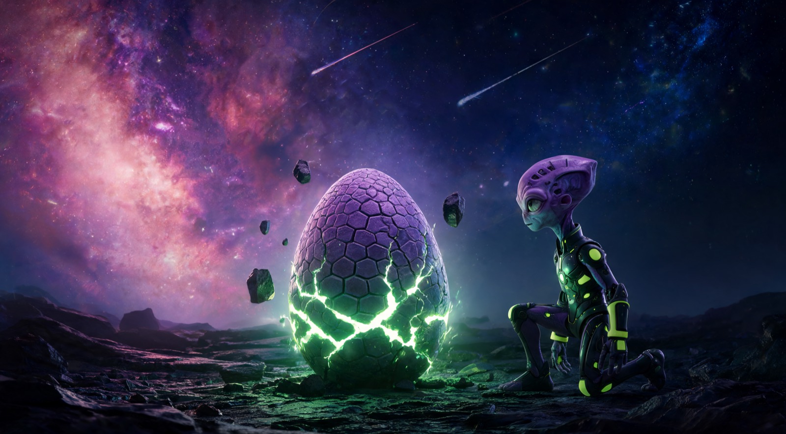 El alien de Huevo Digital junto al huevo que se agrieta y deja salir su luz: el cascarón rompiéndose
